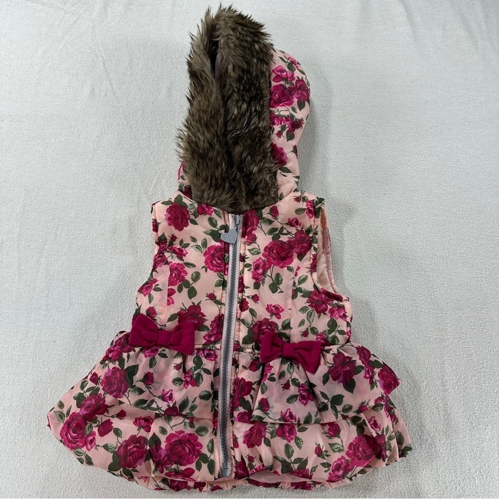 Betsey Johnson Pink Floral Kids Vest with Faux Fur Hood Sz 18 months